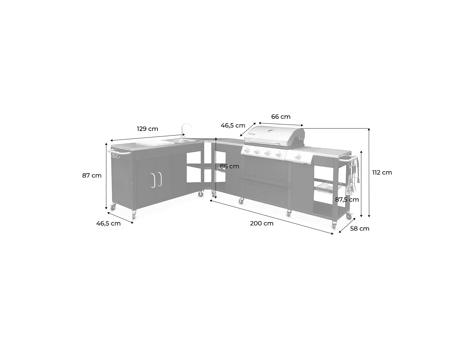 Cocina exterior de acero con barbacoa de gas americana de 5 quemadores