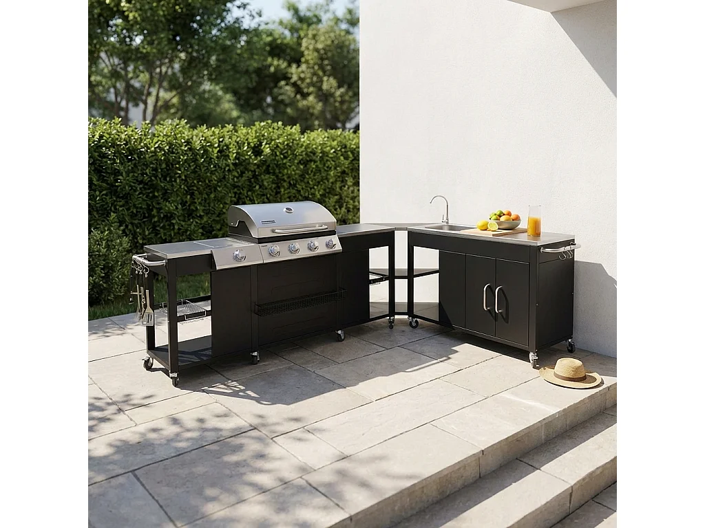 Cocina exterior de acero con barbacoa de gas americana de 5 quemadores