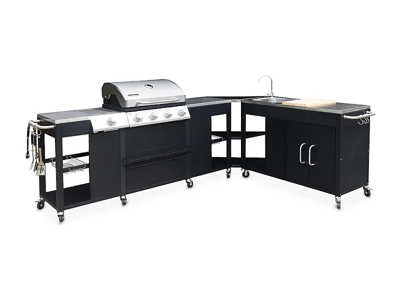 Barbecue. cuisine extérieure gaz - Rochefort - Barbecue 5 brûleurs avec évier. planche. ustensiles. plan de travail. et thermomètre