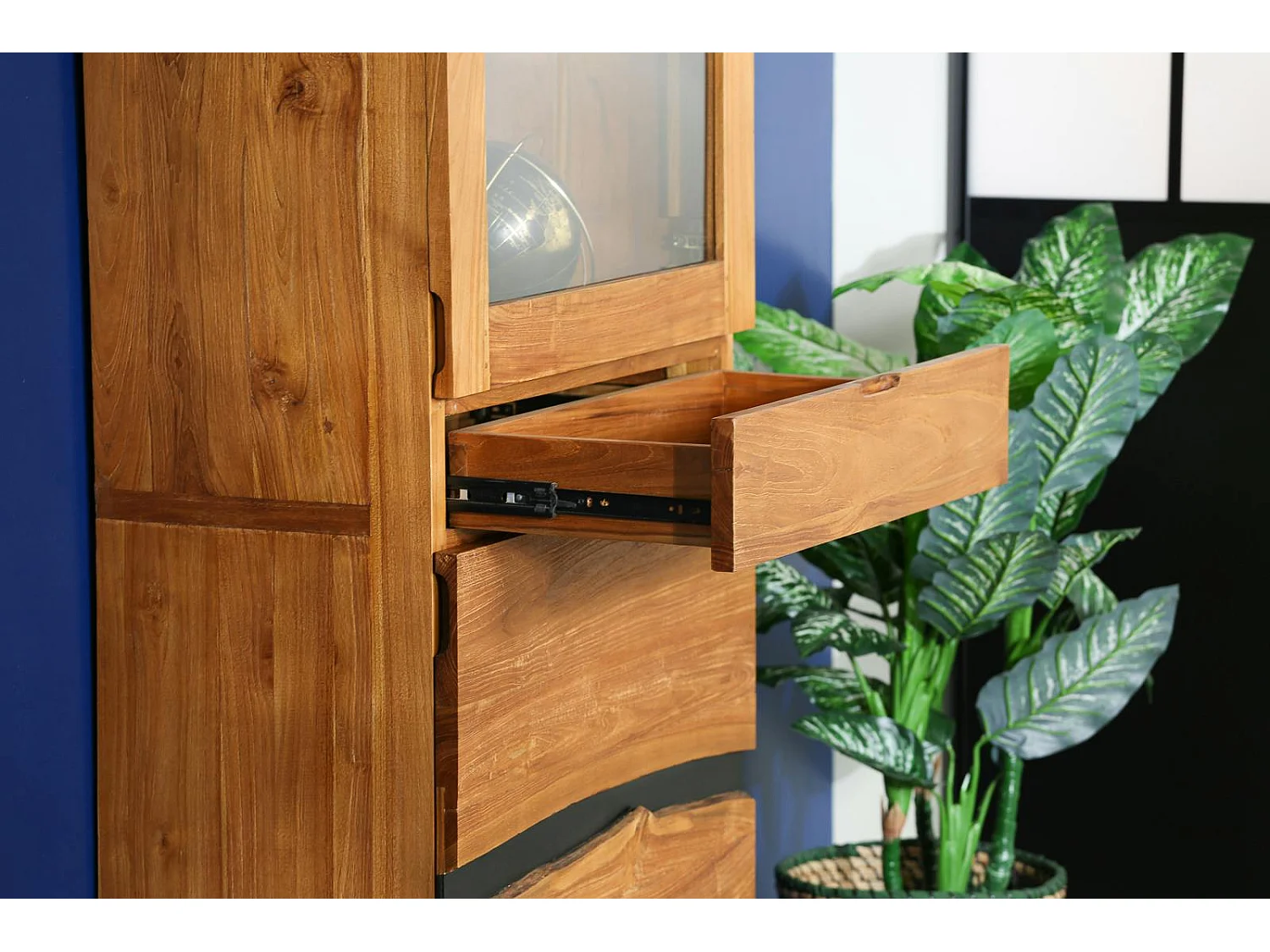 Colonne de rangement bois recyclé teck laque noire BARBADE