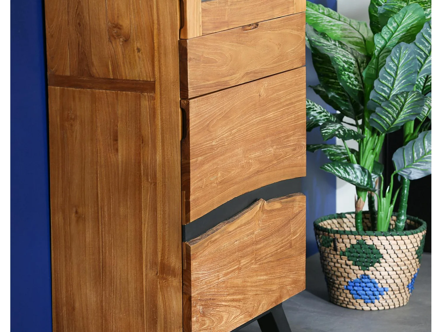 Colonne de rangement bois recyclé teck laque noire BARBADE