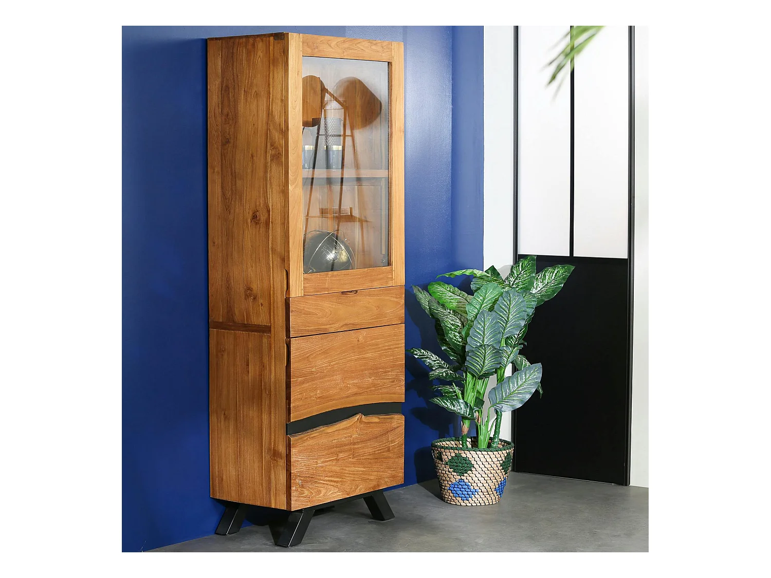 Colonne de rangement bois recyclé teck laque noire BARBADE