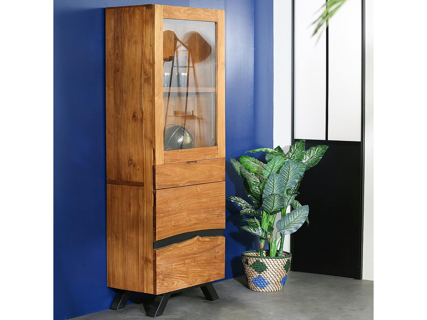Colonne de rangement bois recyclé teck laque noire BARBADE