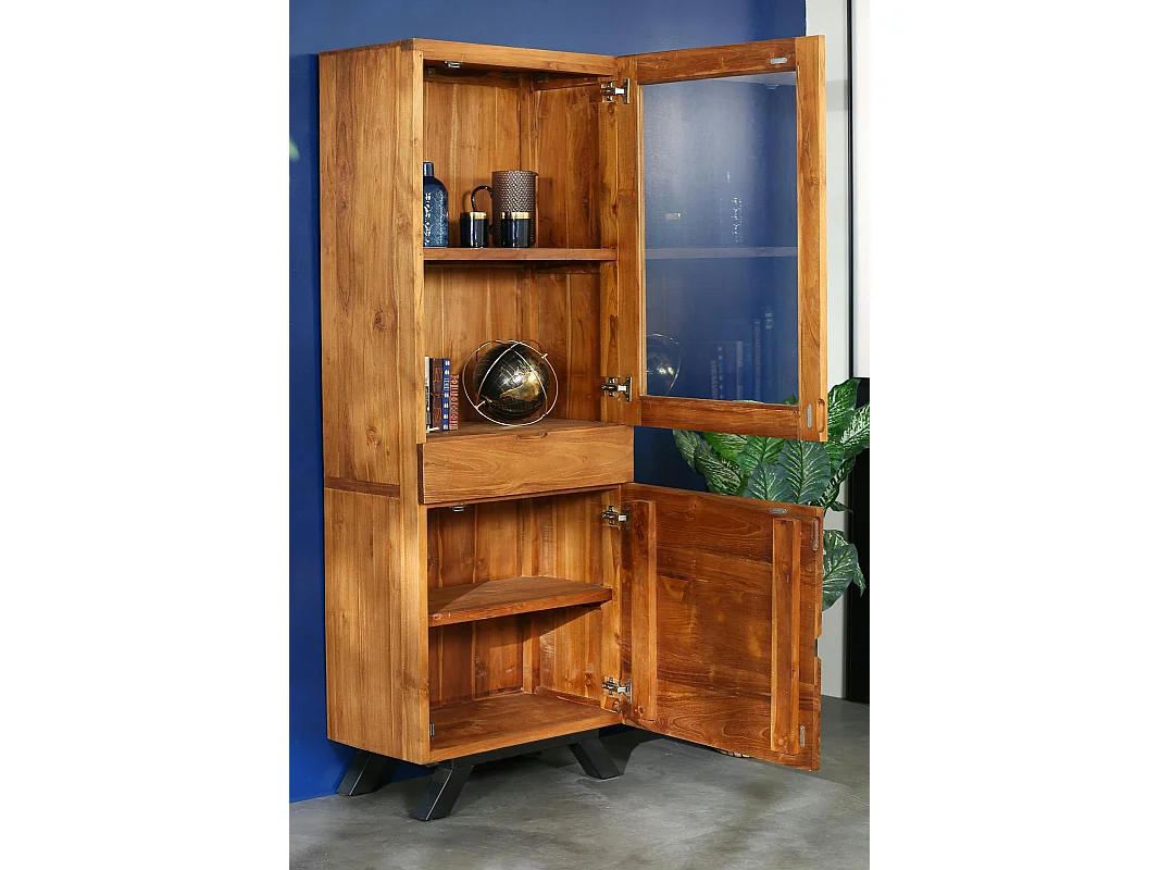 Colonne de rangement bois recyclé teck laque noire BARBADE