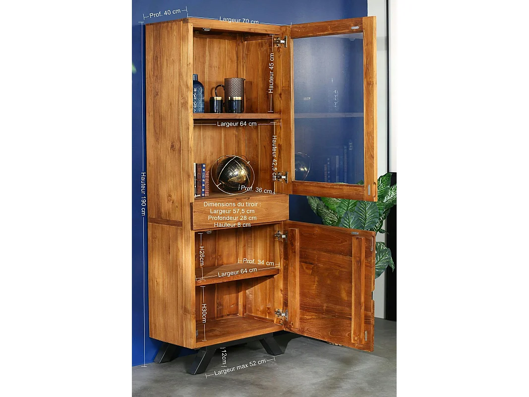 Colonne de rangement bois recyclé teck laque noire BARBADE