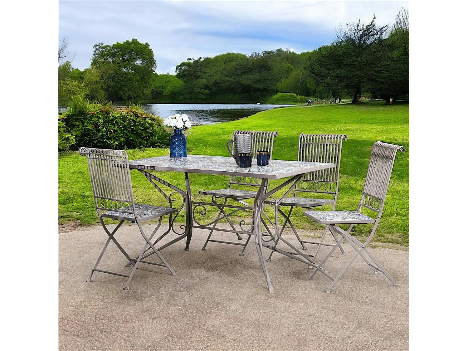 Table de jardin carreaux de ciment bleu et taupe 140 cm GRENADE