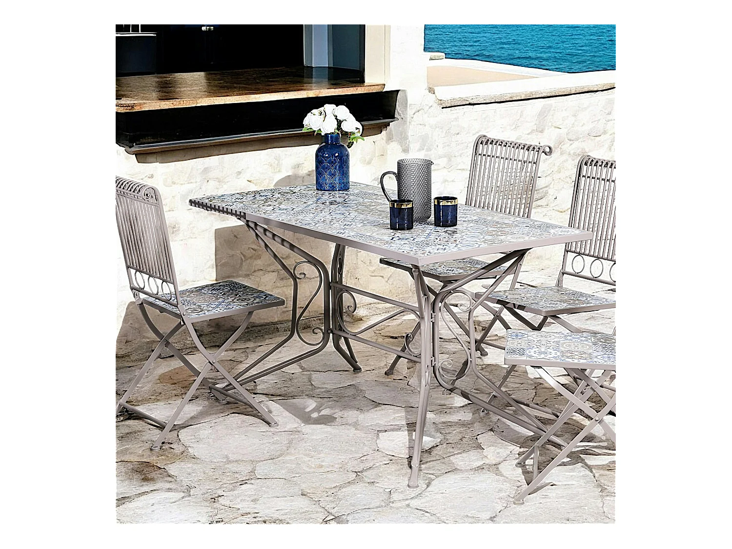 Table de jardin carreaux de ciment bleu et taupe 140 cm GRENADE