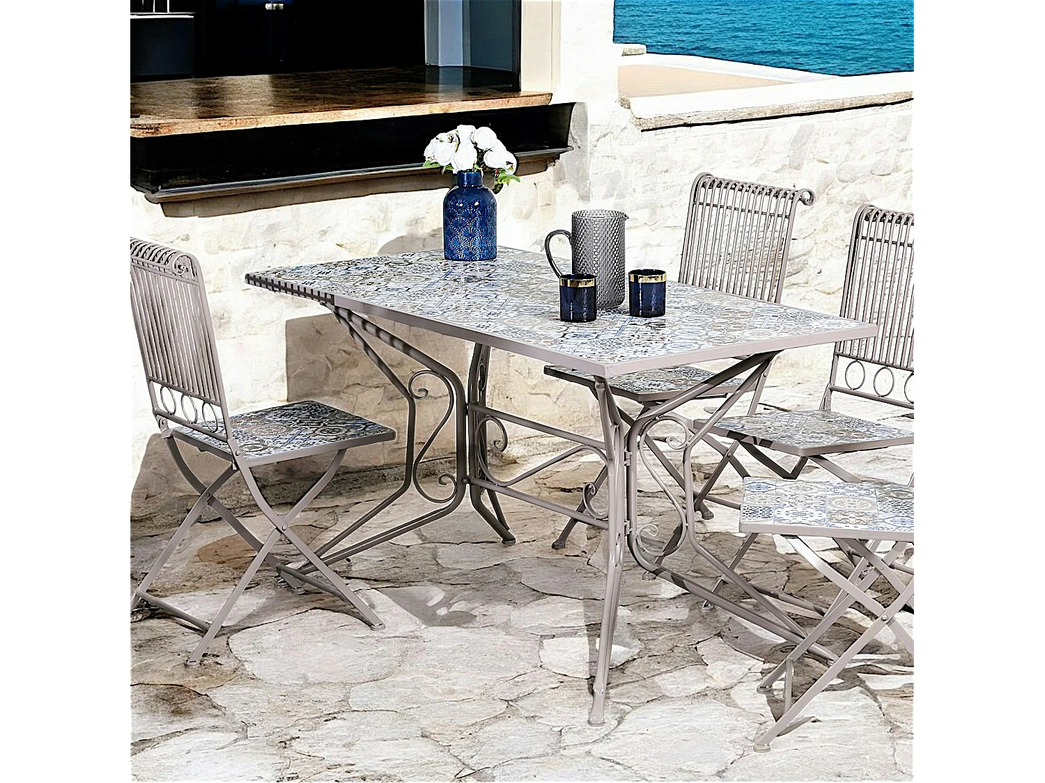 Table de jardin carreaux de ciment bleu et taupe 140 cm GRENADE
