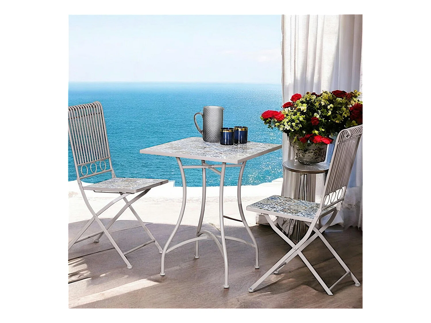Petite table de jardin carreaux de ciment bleu et taupe 58 cm GRENADE