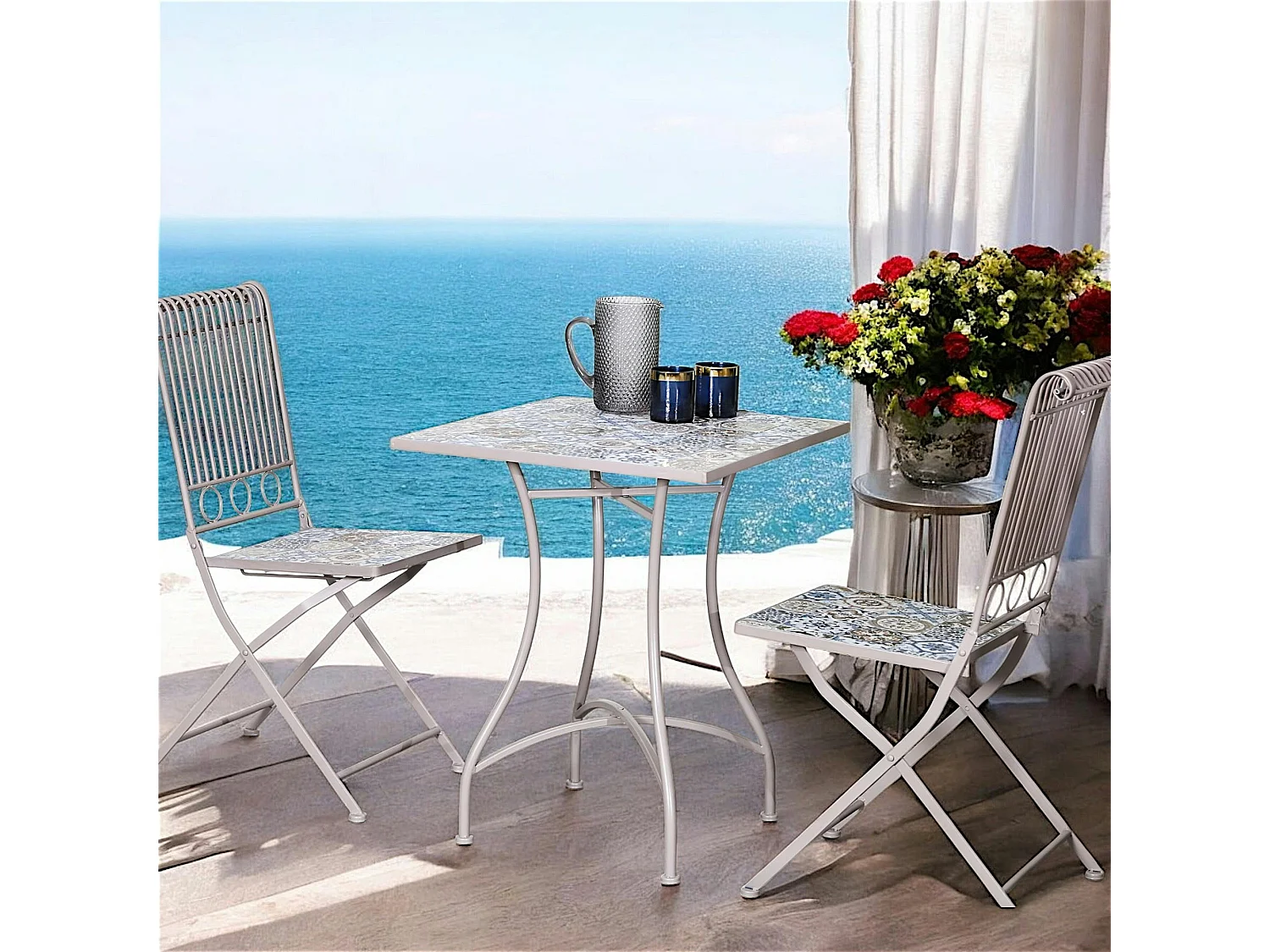 Petite table de jardin carreaux de ciment bleu et taupe 58 cm GRENADE