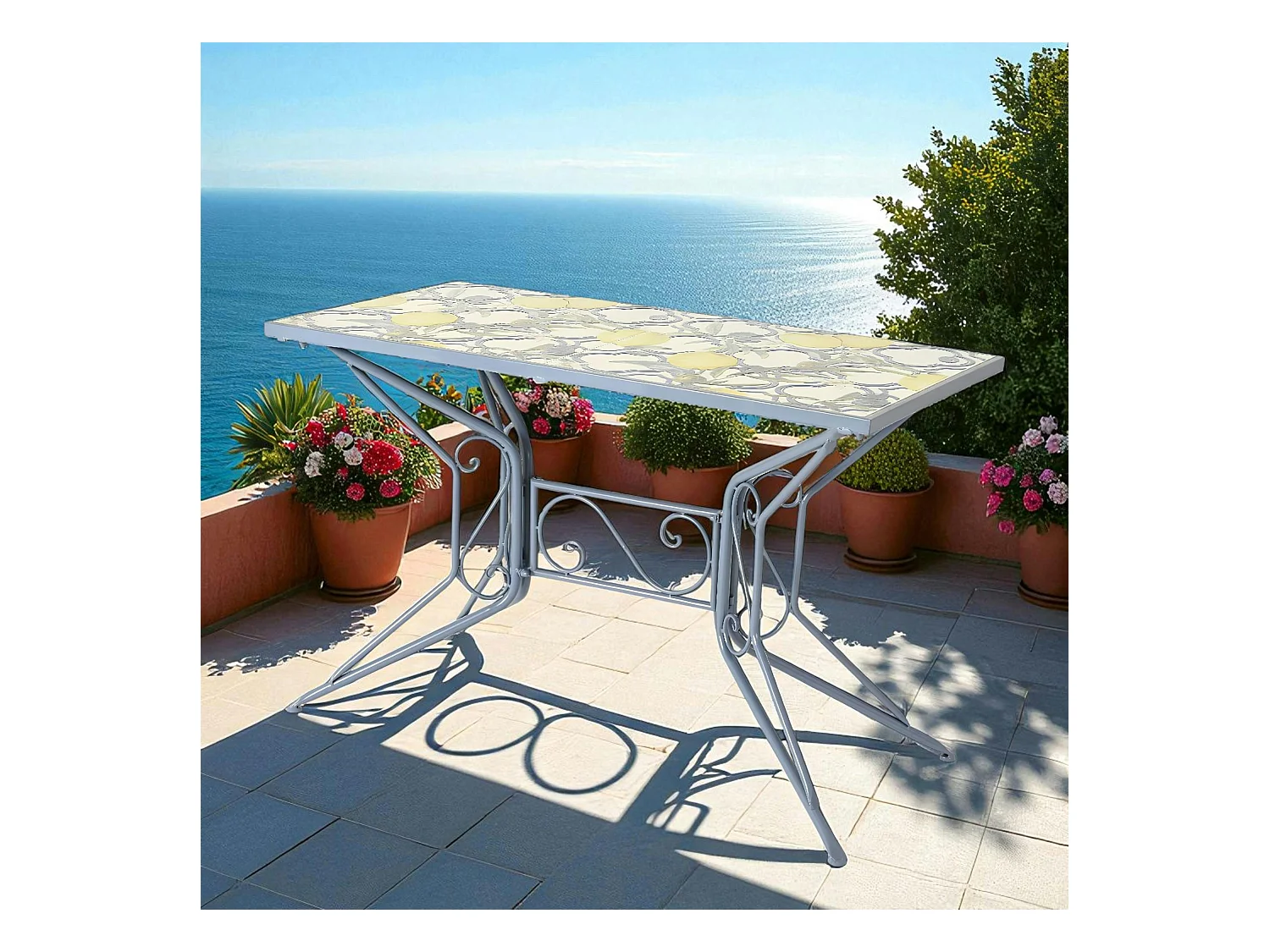 Table de jardin bleue décor mosaïque citrons 118 cm GRENADE