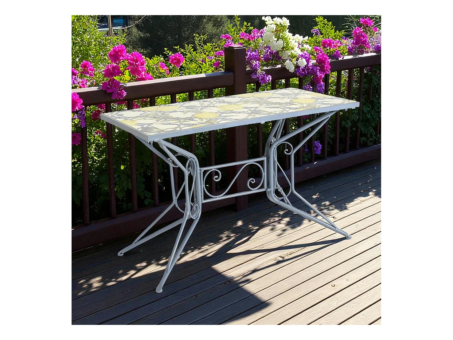 Table de jardin bleue décor mosaïque citrons 118 cm GRENADE