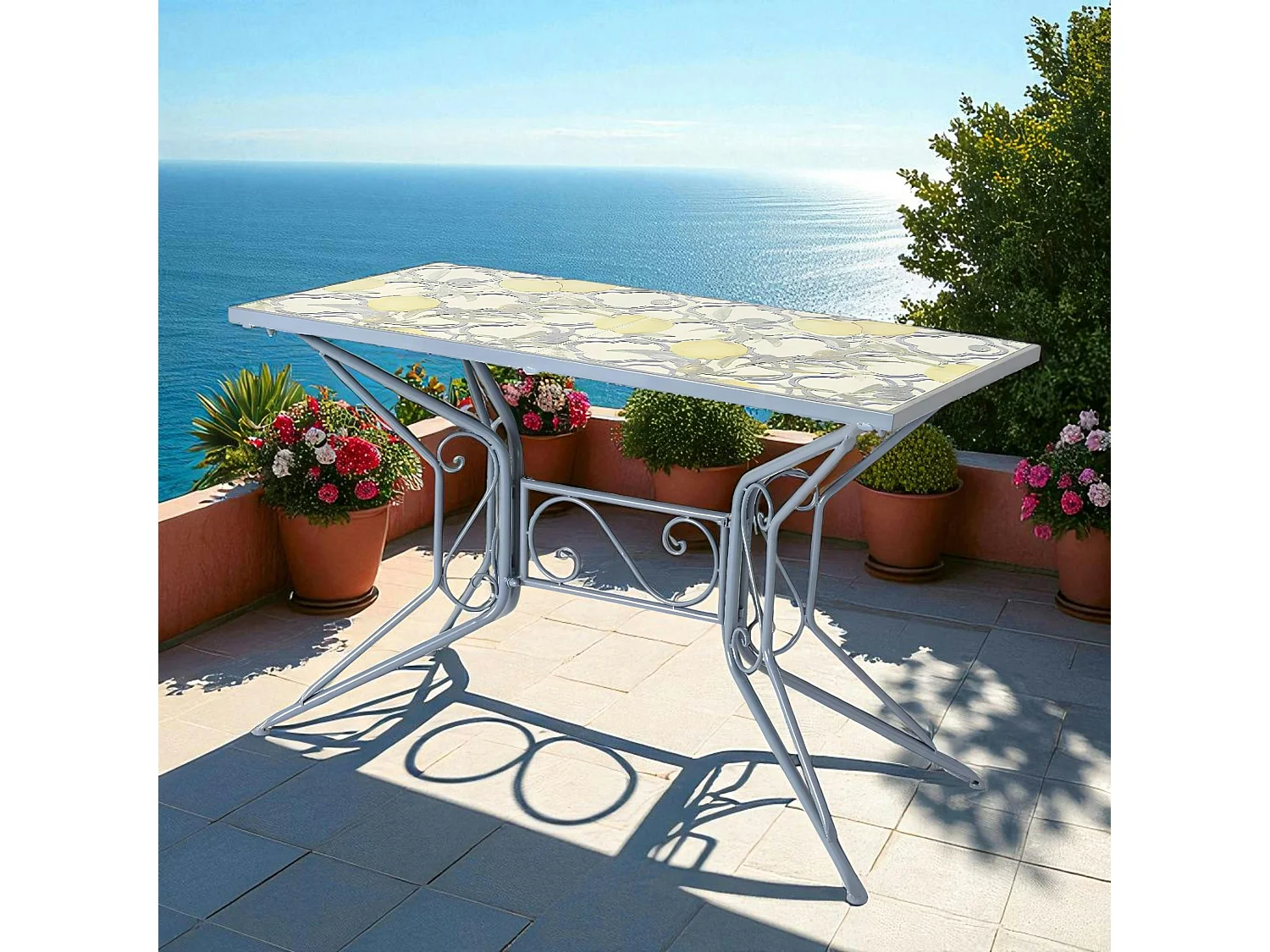 Table de jardin bleue décor mosaïque citrons 118 cm GRENADE