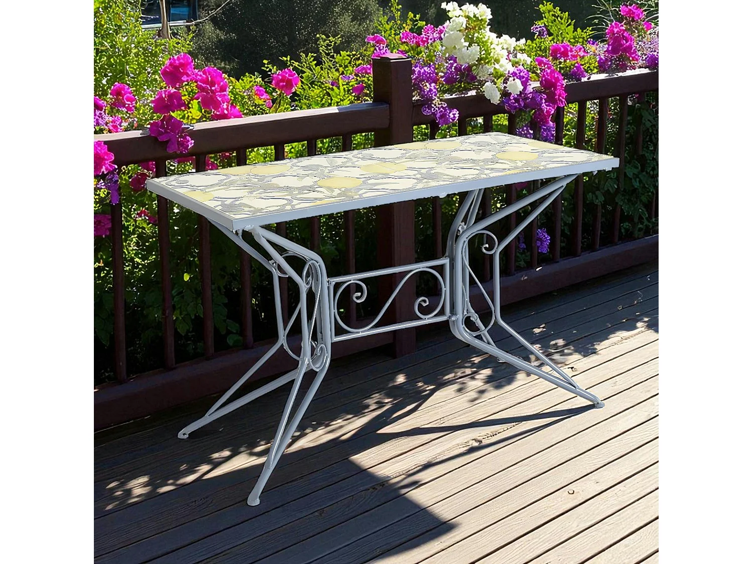 Table de jardin bleue décor mosaïque citrons 118 cm GRENADE