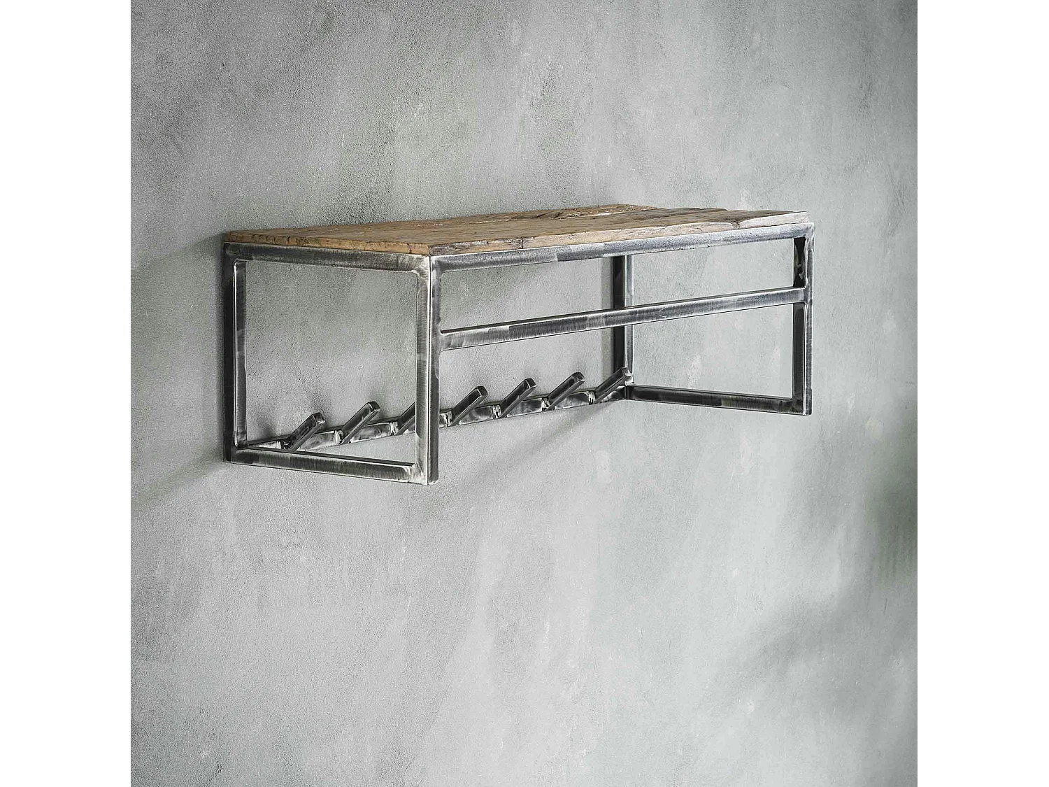 Portemanteau mural bois recyclé brut 7 crochets 1 étagère OMSK