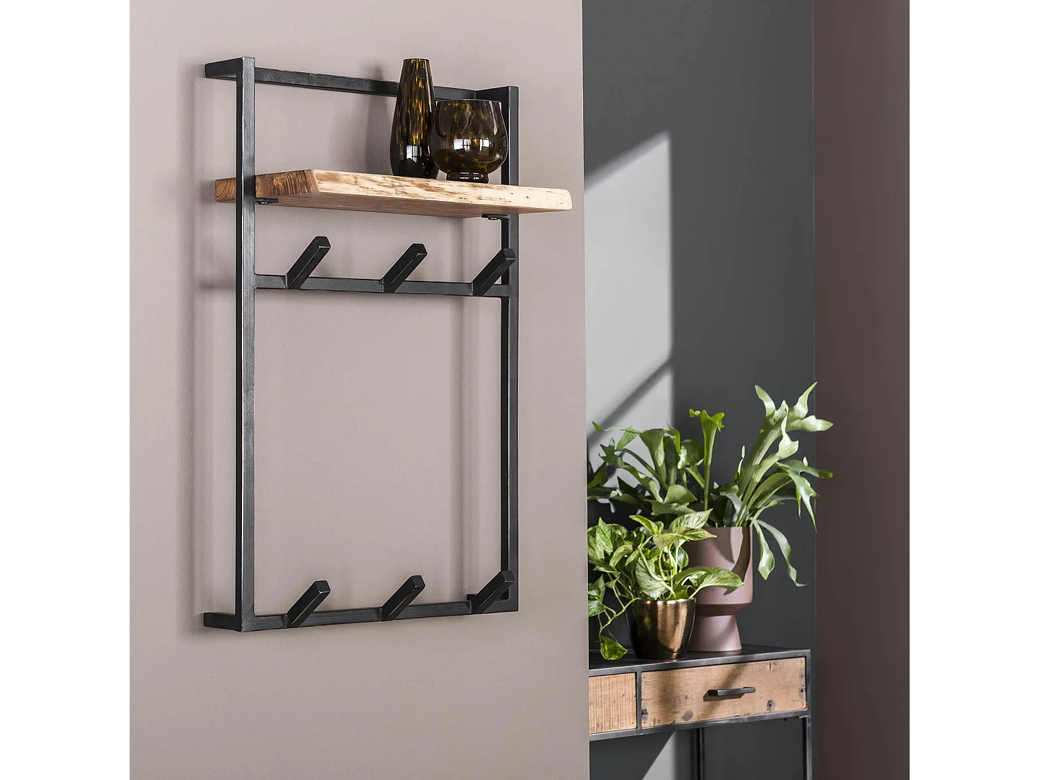 Portemanteau mural vertical 6 crochets, 1 étagère MELBOURNE