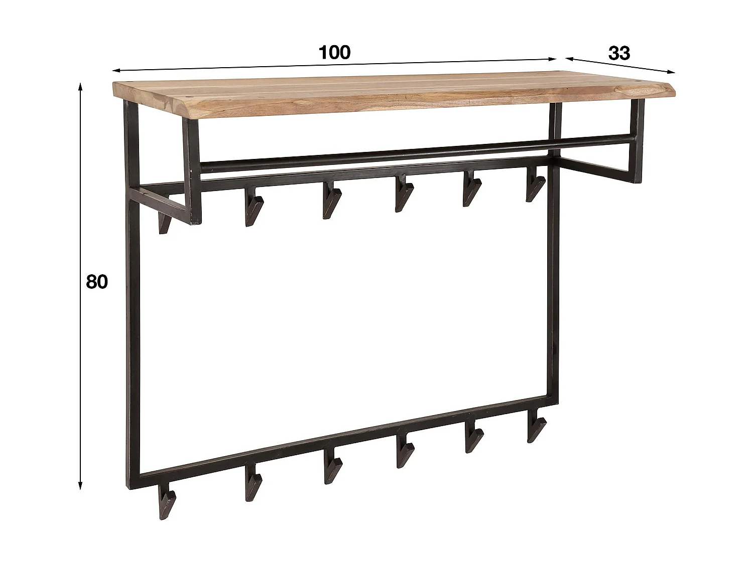 Portemanteau mural en bois d'acacia 12 crochets 1 étagère MELBOURNE