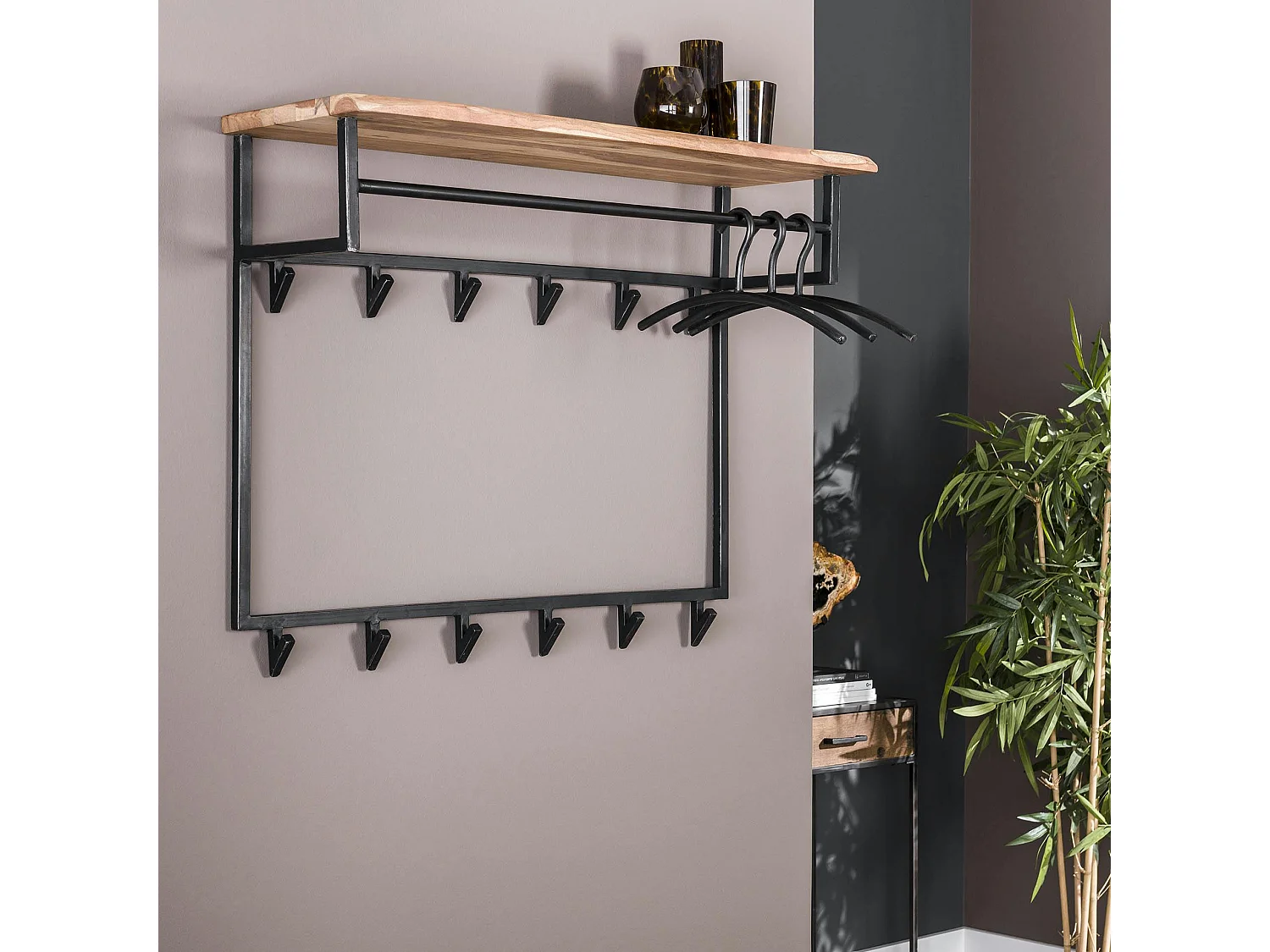 Portemanteau mural en bois d'acacia 12 crochets 1 étagère MELBOURNE