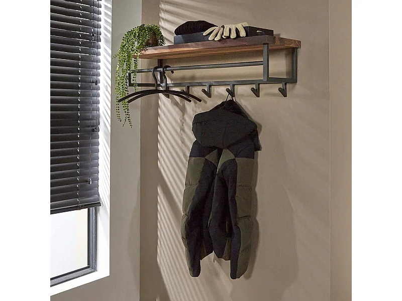 Portemanteau mural en bois de noyer 6 crochets, 1 étagère HALIFAX