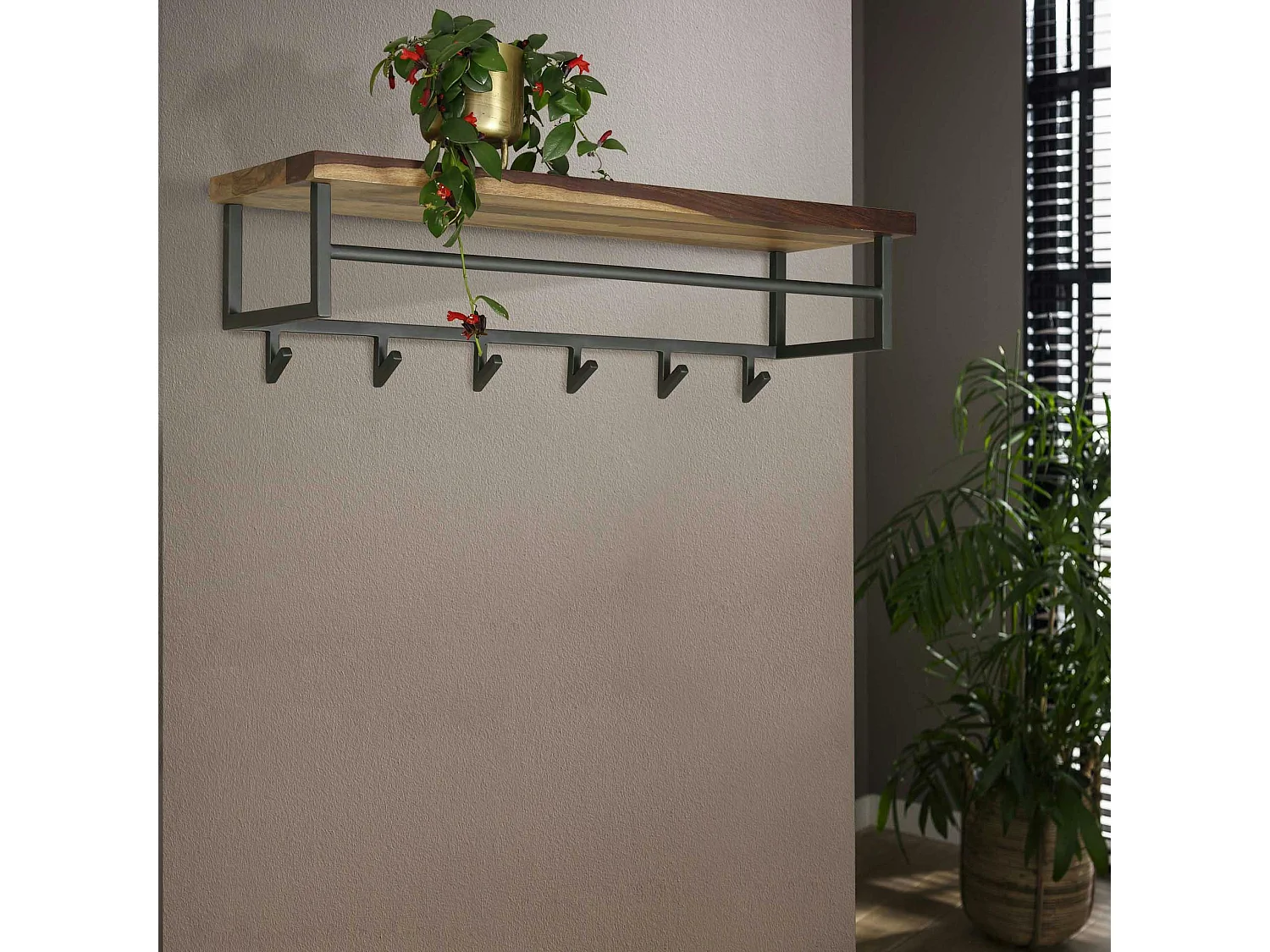 Portemanteau mural en bois de noyer 6 crochets, 1 étagère HALIFAX
