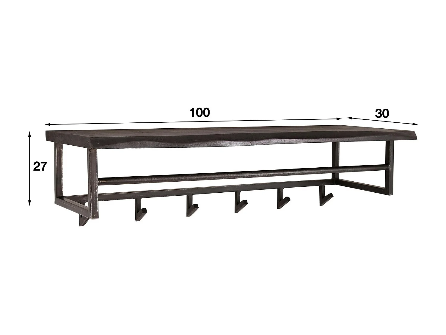 Portemanteau mural noir 6 crochets 1 étagère bois MELBOURNE