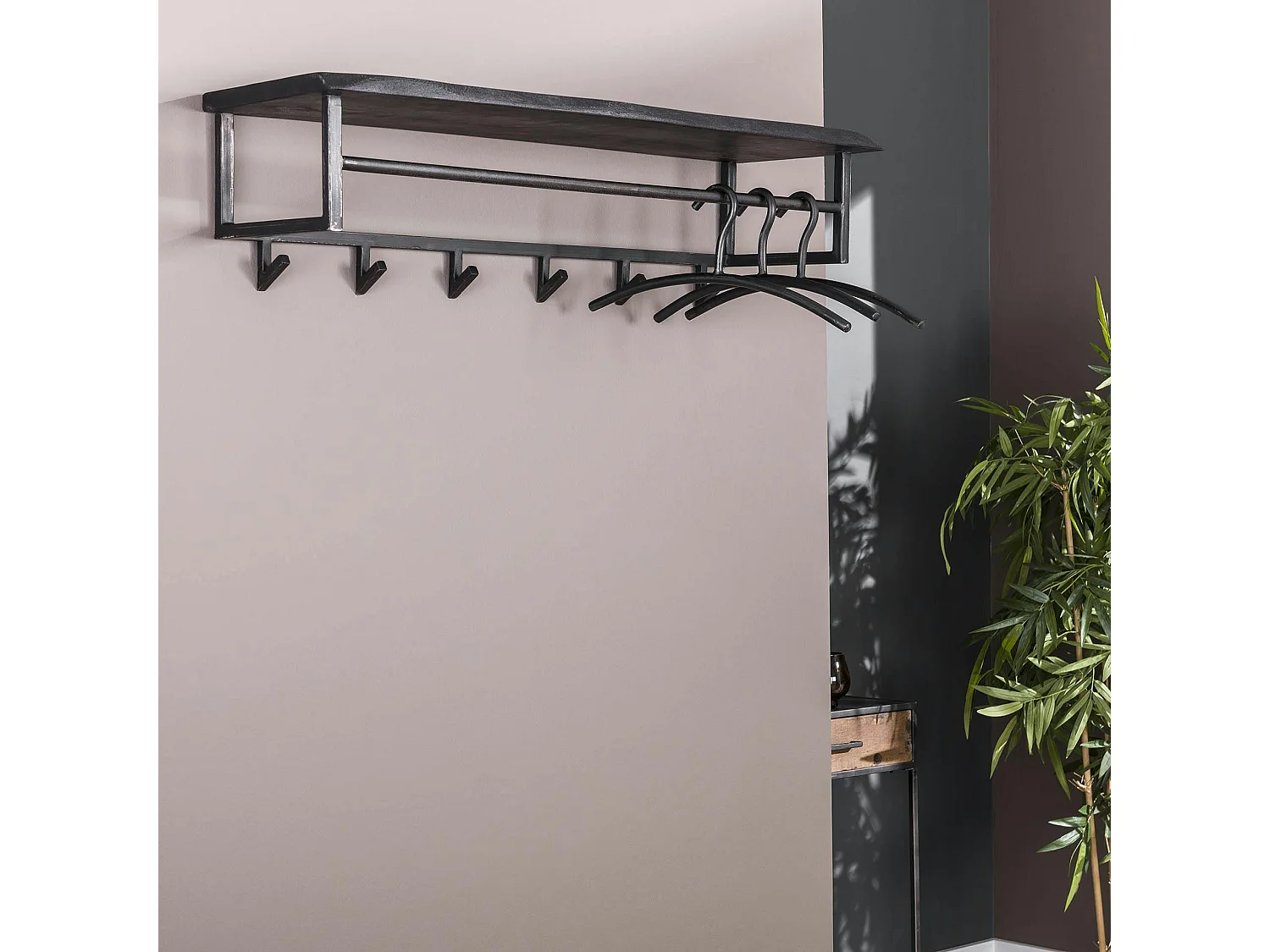 Portemanteau mural noir 6 crochets 1 étagère bois MELBOURNE