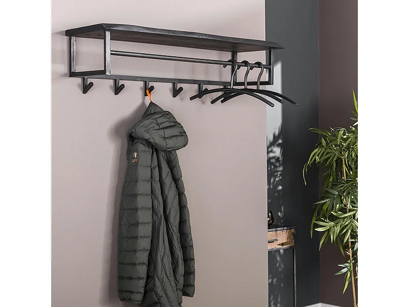 Portemanteau mural noir 6 crochets 1 étagère bois MELBOURNE