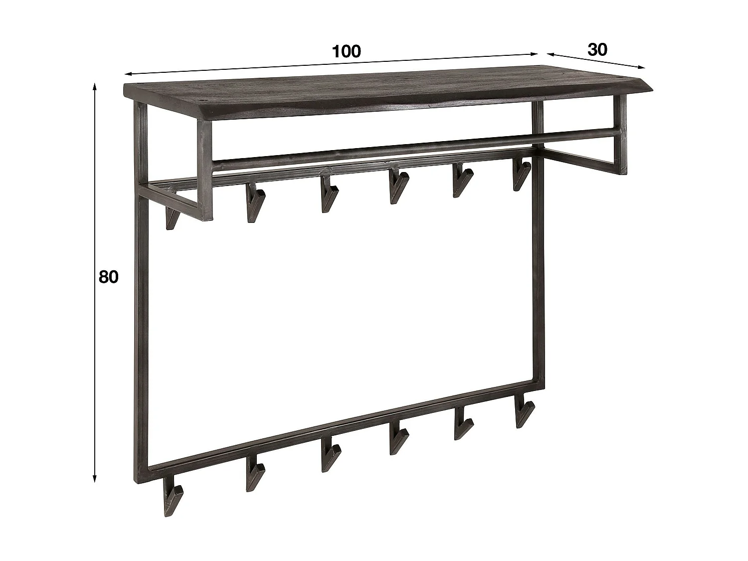 Portemanteau mural noir 12 crochets 1 étagère bois MELBOURNE