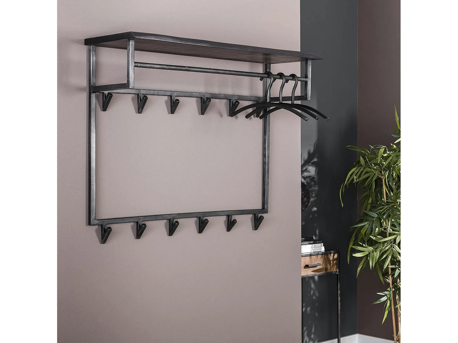 Portemanteau mural noir 12 crochets 1 étagère bois MELBOURNE