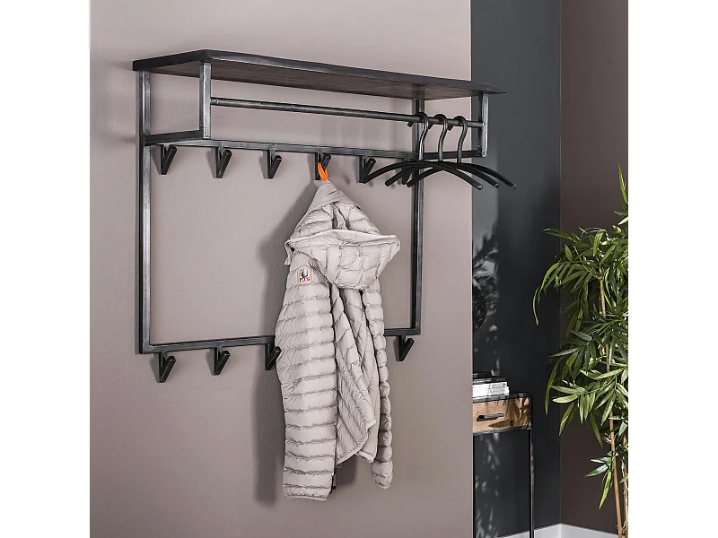 Portemanteau mural noir 12 crochets 1 étagère bois MELBOURNE