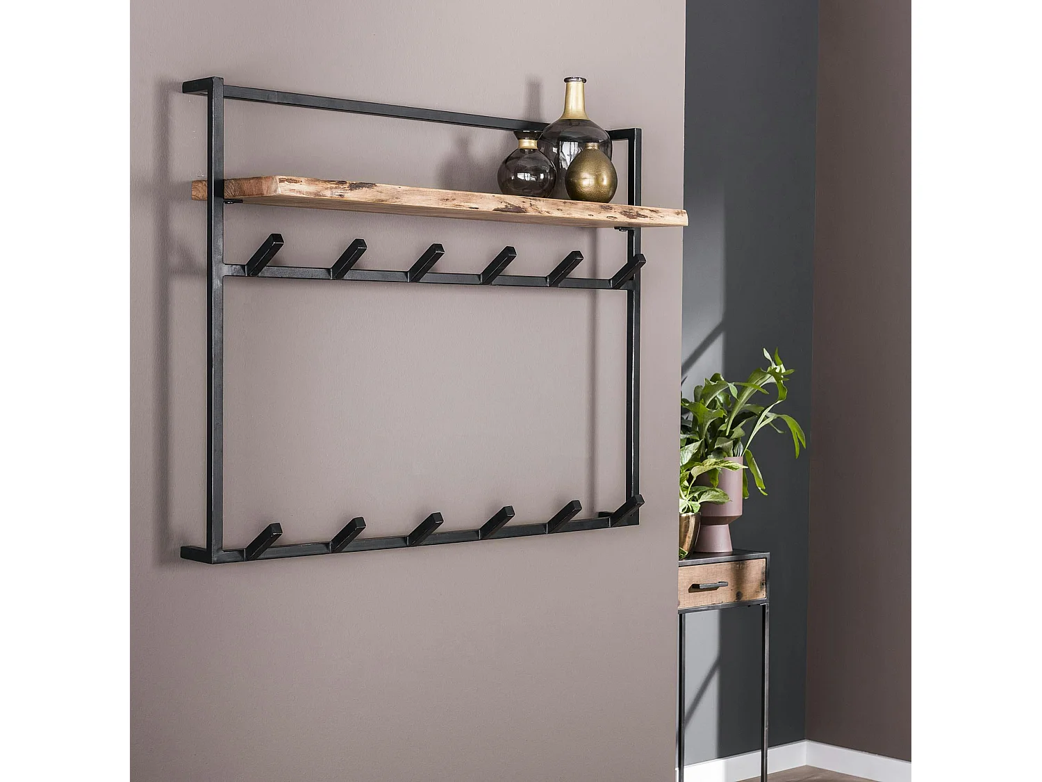 Portemanteau mural 1 étagère en bois d'acacia 12 crochets métal MELBOURNE