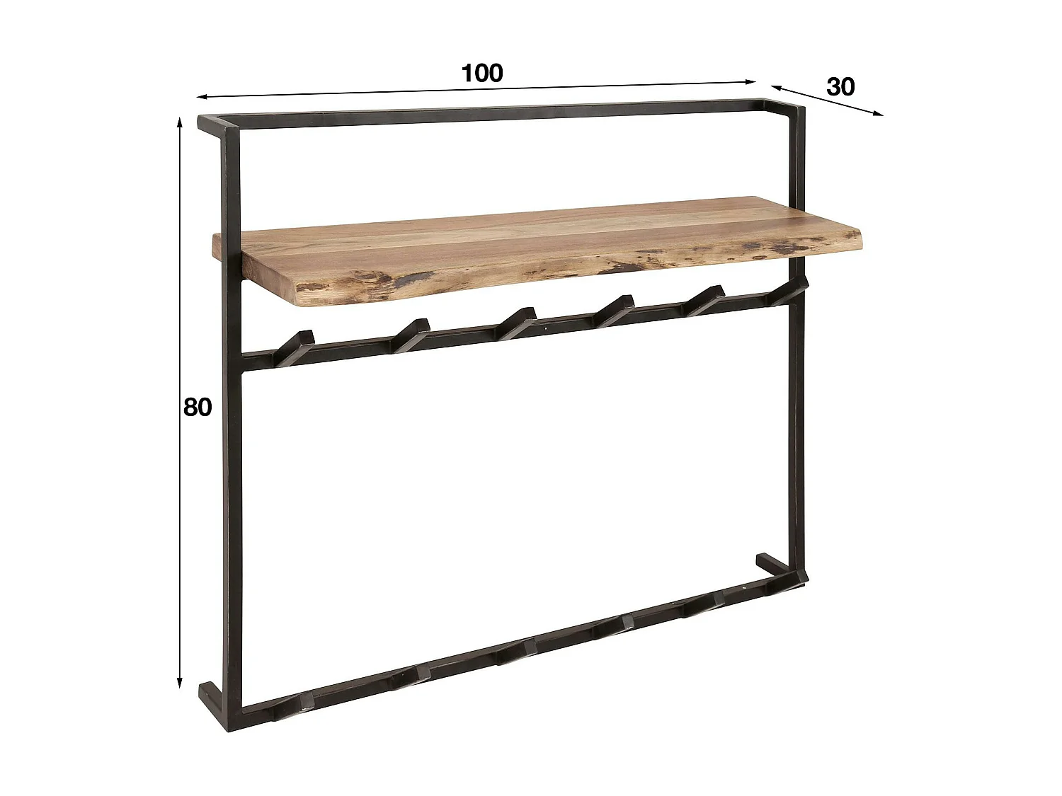 Portemanteau mural 1 étagère en bois d'acacia 12 crochets métal MELBOURNE