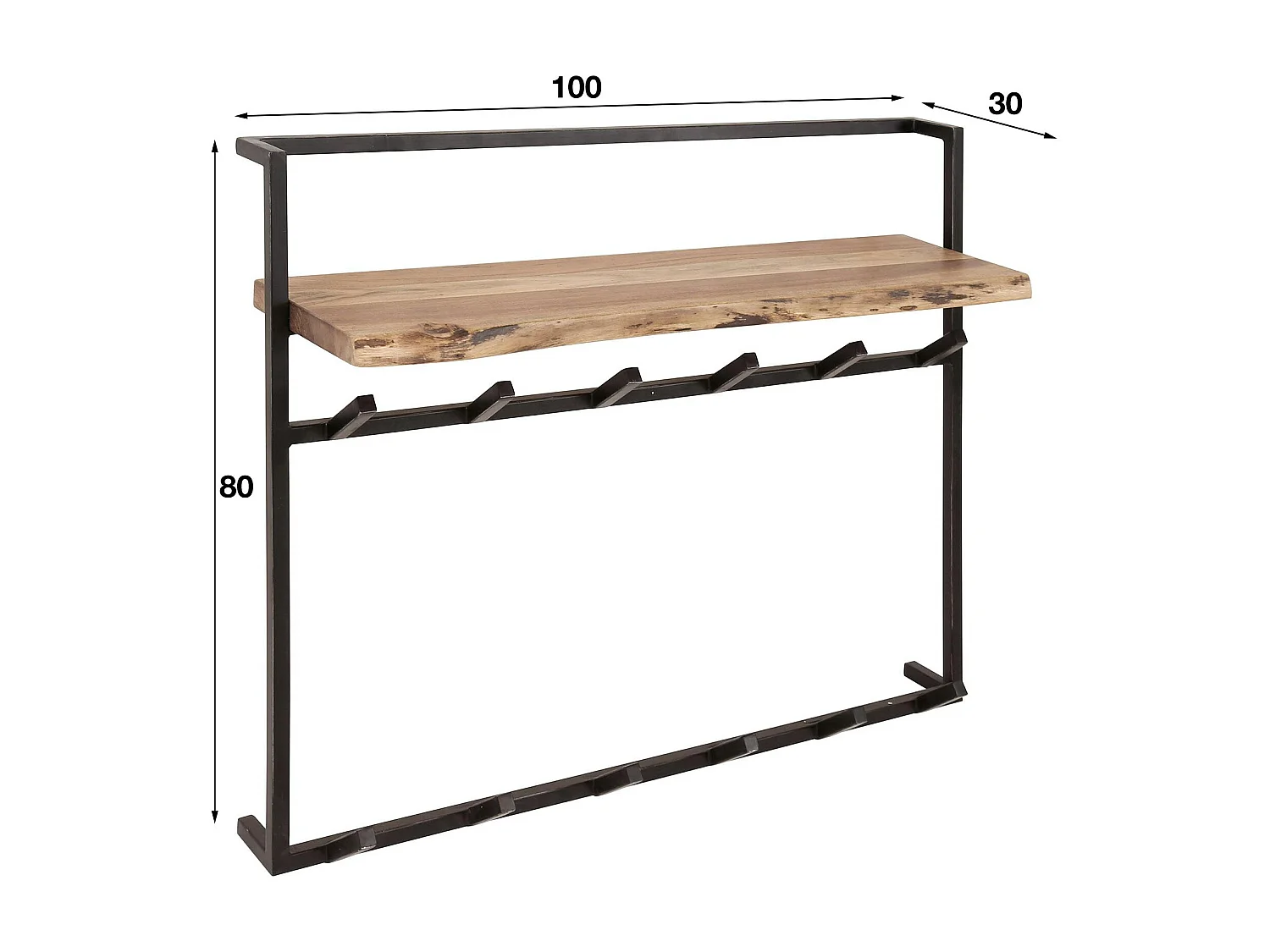 Portemanteau mural 1 étagère en bois d'acacia 12 crochets métal MELBOURNE