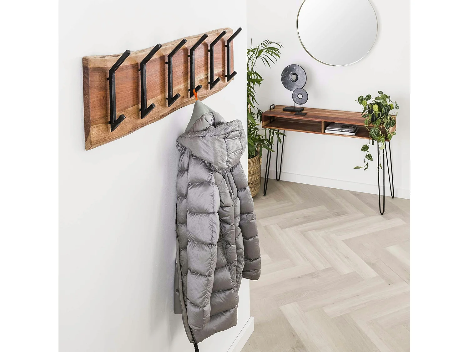 Portemanteau mural bois massif 6 double crochets TRIBECA