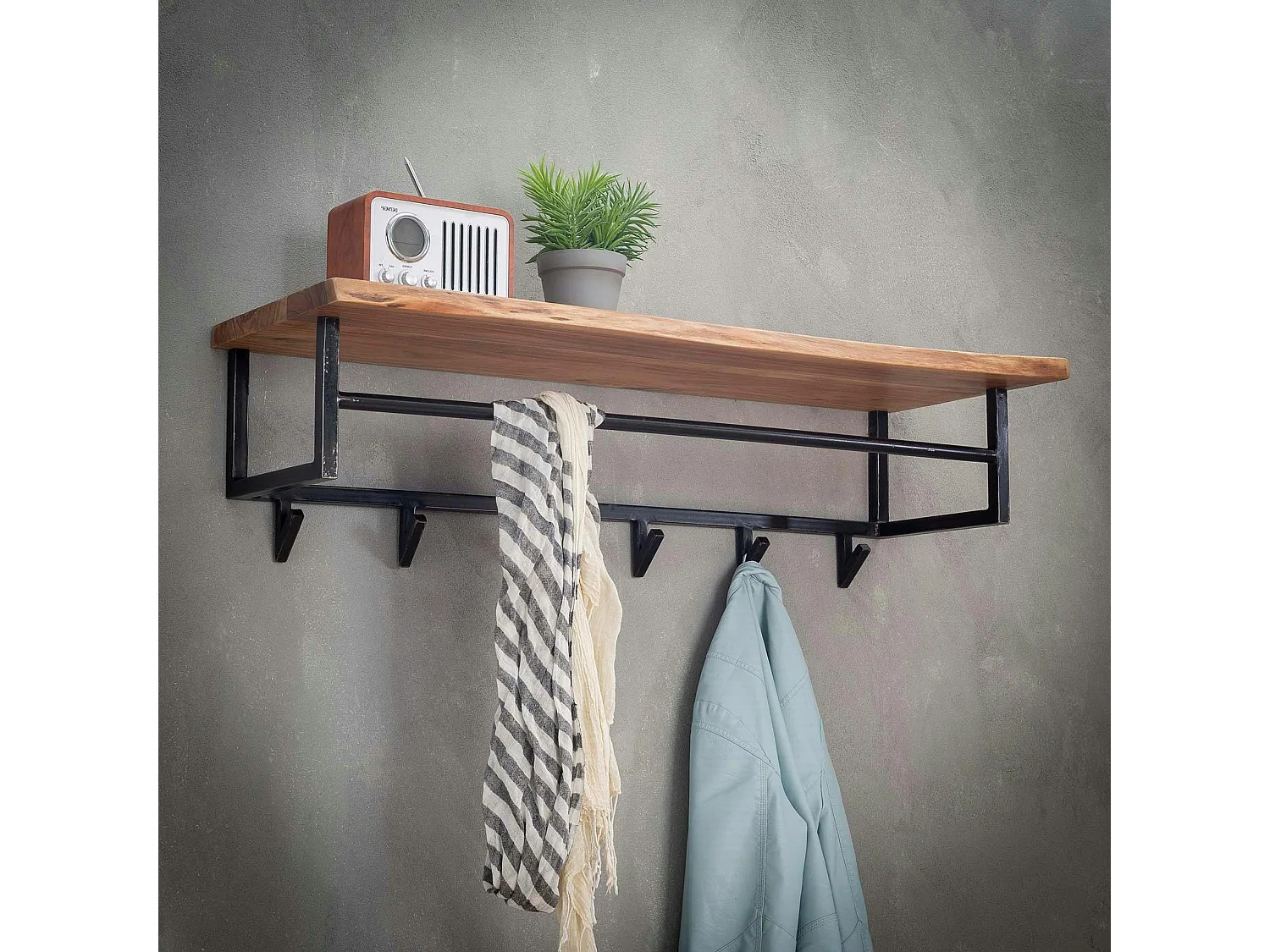 Portemanteau mural bois 1 étagère 6 crochets TRIBECA