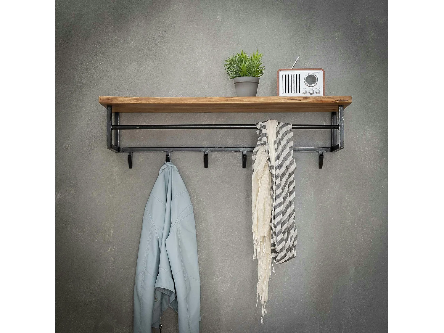 Portemanteau mural bois 1 étagère 6 crochets TRIBECA