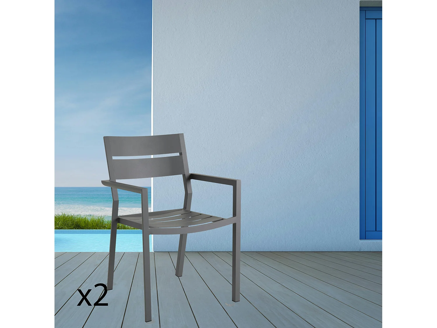 Chaise de jardin avec accoudoirs en aluminium gris ardoise (lot de 2) STOCKHOLM