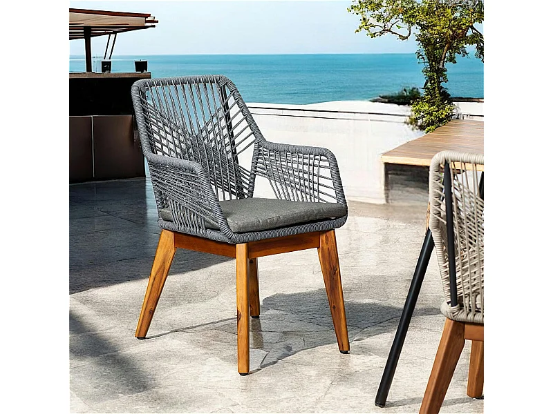Chaise de jardin grise en corde tressée et pieds bois FSC® GRENADE
