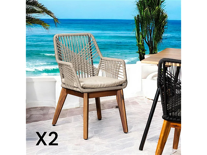 Chaise de jardin beige en corde tressée et pieds bois FSC® (lot de 2) GRENADE