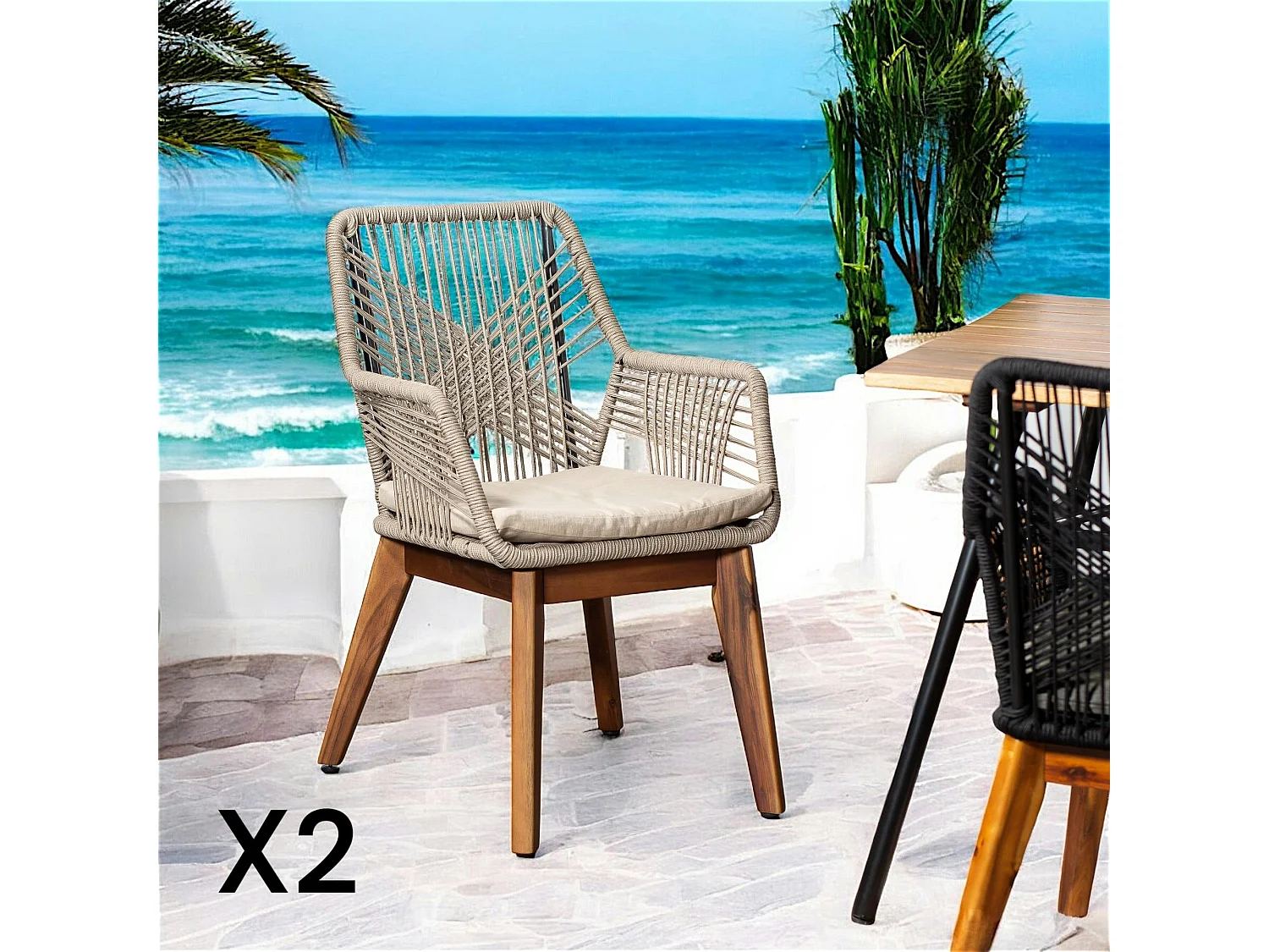 Chaise de jardin beige en corde tressée et pieds bois FSC® (lot de 2) GRENADE