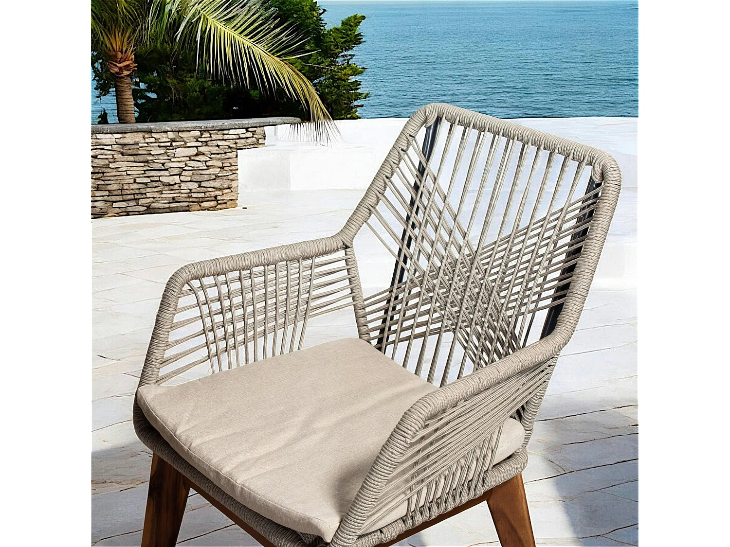 Chaise de jardin beige en corde tressée et pieds bois FSC® (lot de 2) GRENADE
