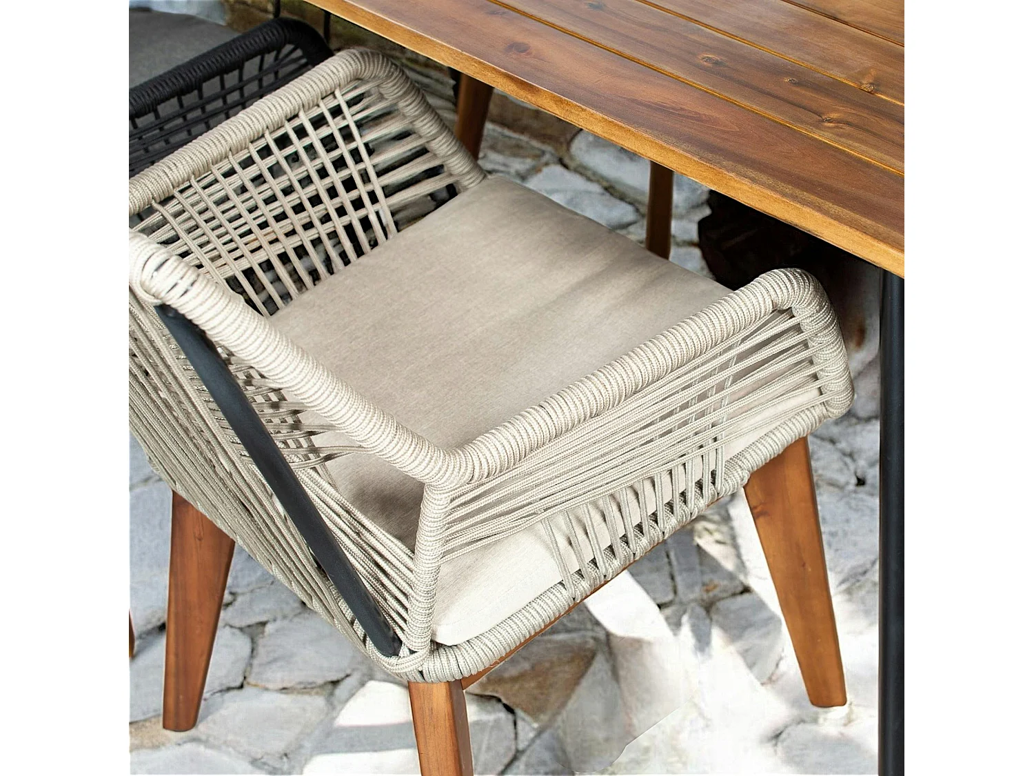 Chaise de jardin beige en corde tressée et pieds bois FSC® (lot de 2) GRENADE