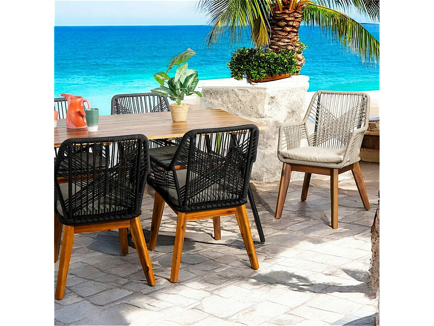 Chaise de jardin beige en corde tressée et pieds bois FSC® (lot de 2) GRENADE