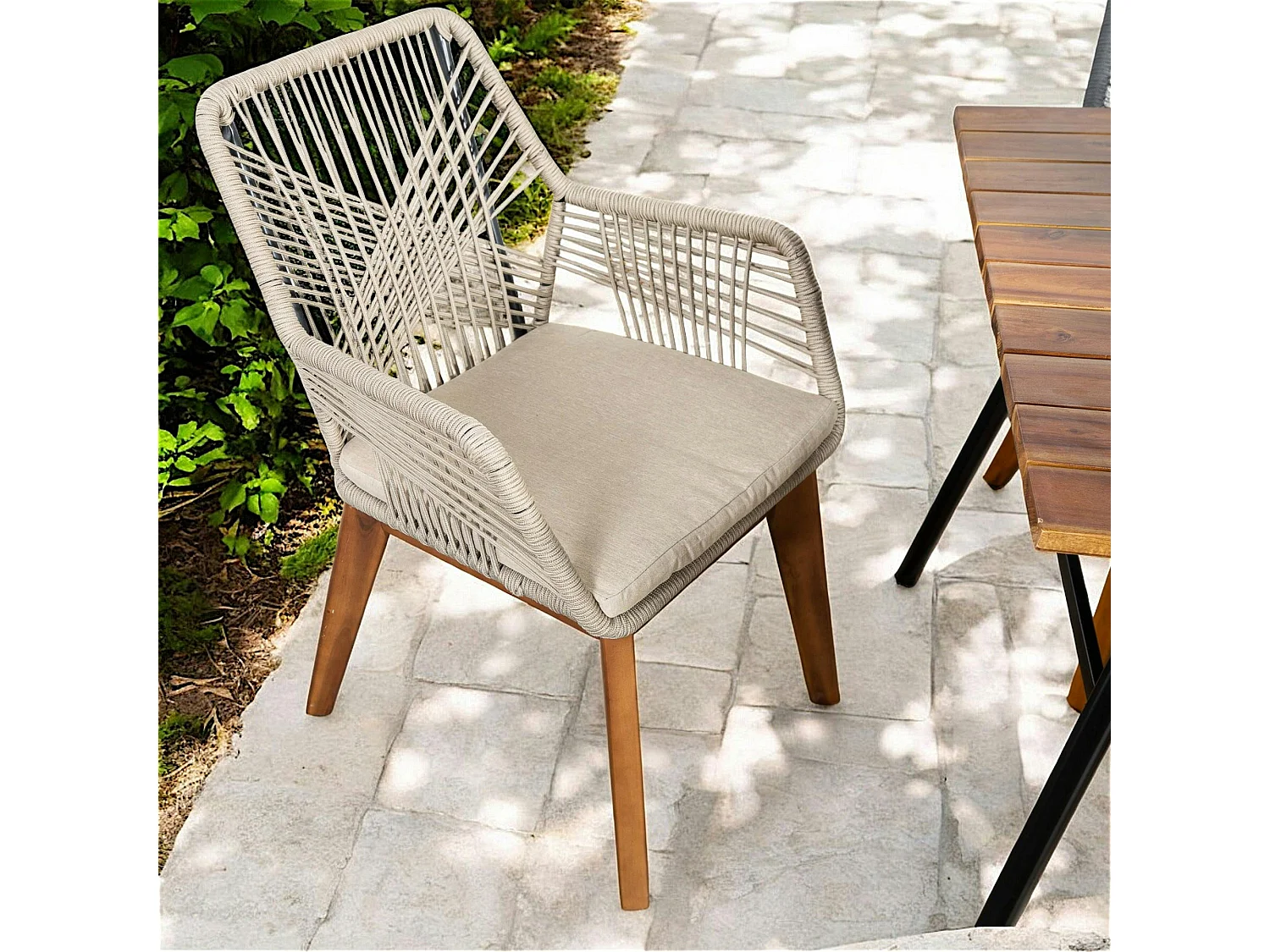 Chaise de jardin beige en corde tressée et pieds bois FSC® (lot de 2) GRENADE