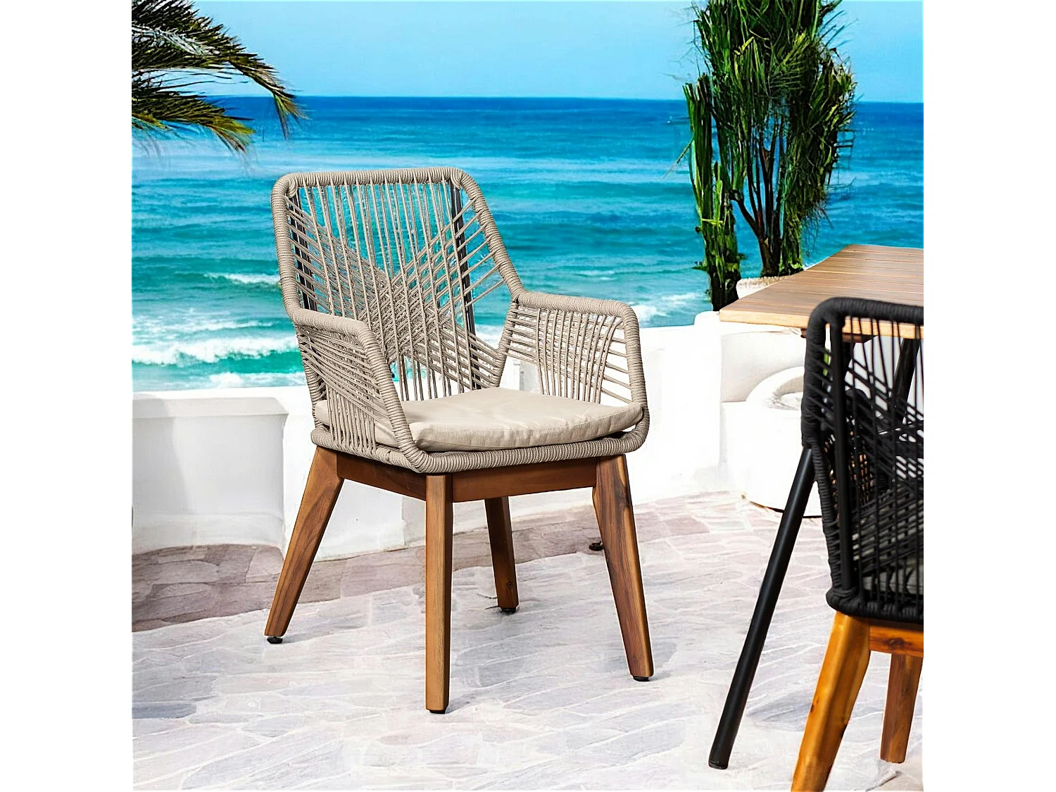 Chaise de jardin beige en corde tressée et pieds bois FSC® (lot de 2) GRENADE