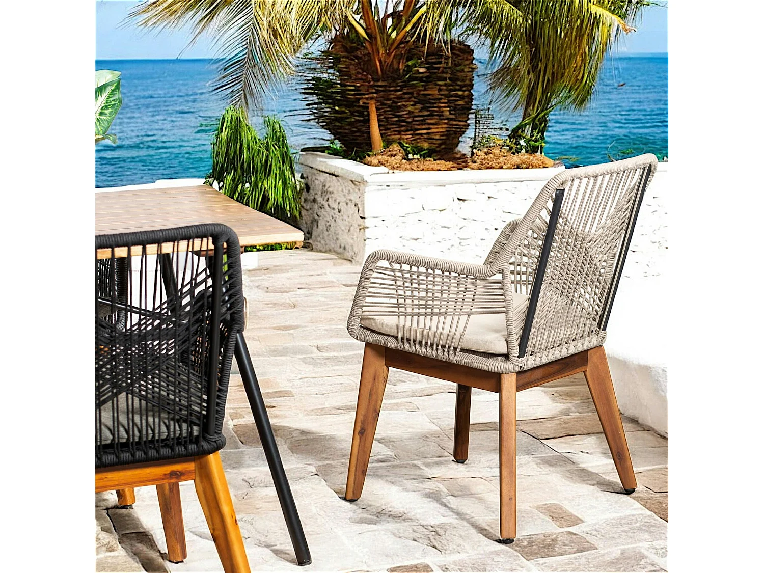 Chaise de jardin beige en corde tressée et pieds bois FSC® (lot de 2) GRENADE