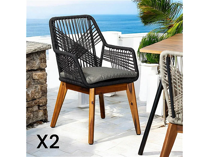 Chaise de jardin noire en corde tressée et pieds bois FSC® (lot de 2) GRENADE