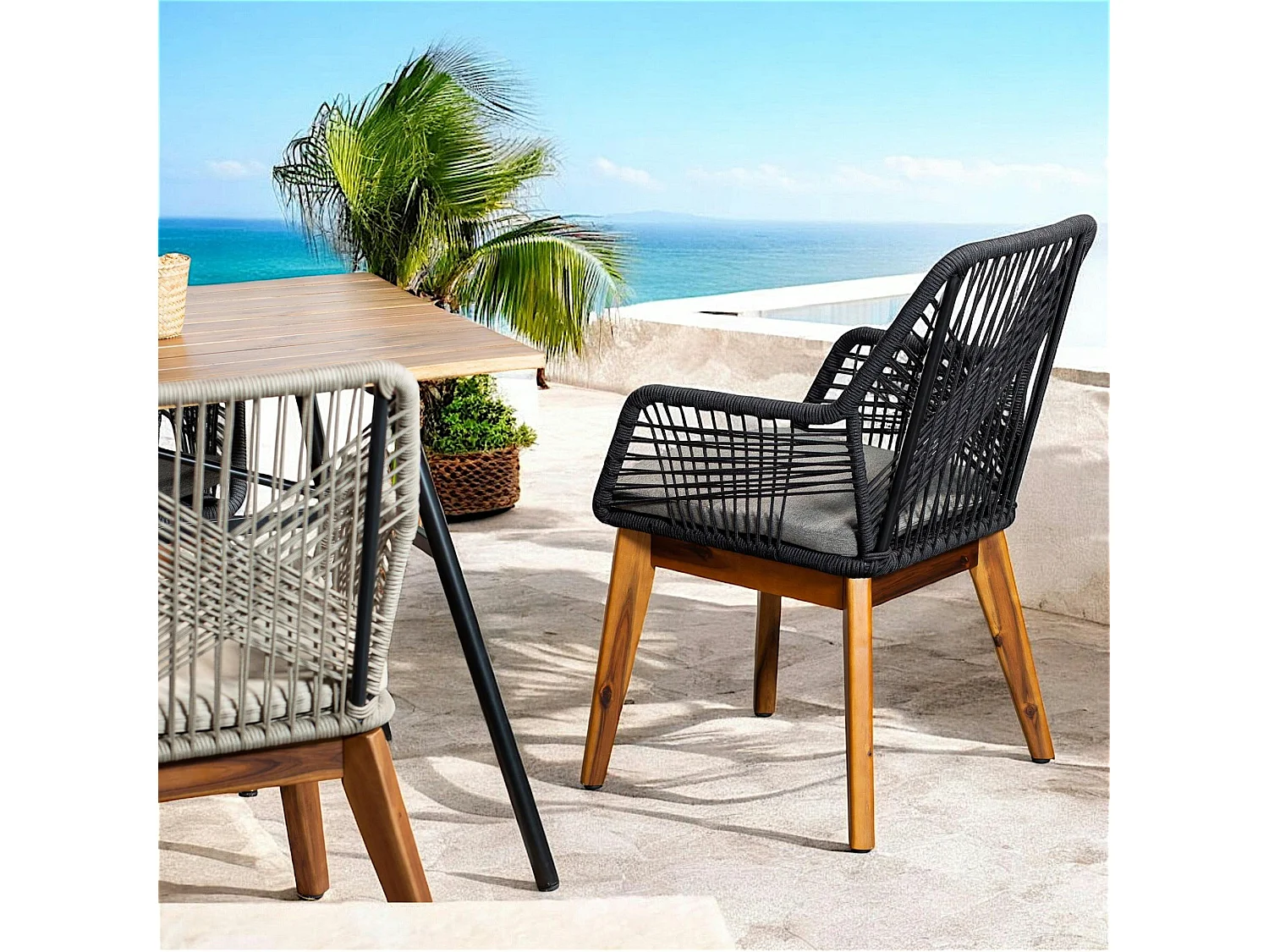 Chaise de jardin noire en corde tressée et pieds bois FSC® (lot de 2) GRENADE