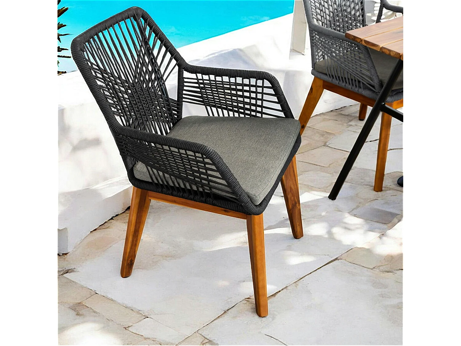 Chaise de jardin noire en corde tressée et pieds bois FSC® (lot de 2) GRENADE