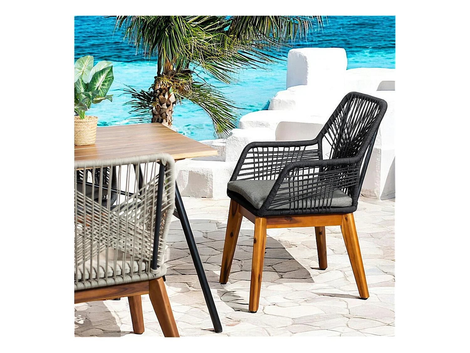 Chaise de jardin noire en corde tressée et pieds bois FSC® (lot de 2) GRENADE